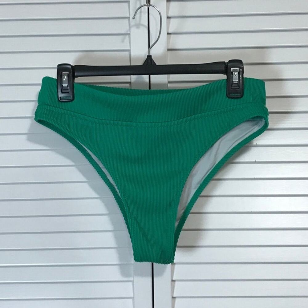 Emerald Green Ribbed High Waisted High Leg Cut Swimwear Bikini Bottom L